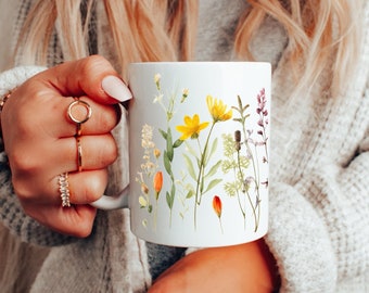 Pressed Flowers Mug, Boho Wildflowers, Cottagecore Botanical, Flower Lover, Gift For Her, Watercolor TeaCup, Floral, Nature