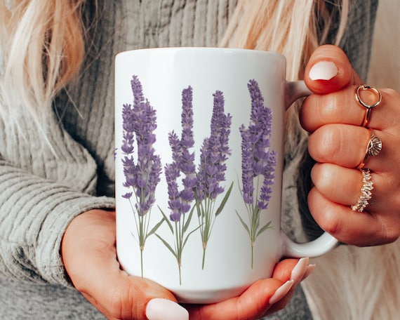 Pressed Lavender Mug, Boho flowers, Cottagecore Botanical, Flower Lover, Gift For Her, Coffee Cup, Tea Cup, Nature floral