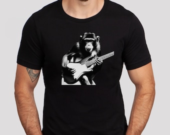 Funny Monkey Guitar T-Shirt – Chimp Playing Guitar Tee – Musician Gift – Funny Animal Music Tee – Gift for Guitar Players and Music Lovers