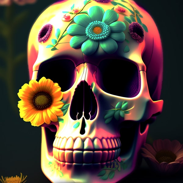 Poster tête de mort fleurie à télécharger, poster à imprimer, poster numérique