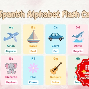 Printable Spanish Alphabet Flash Cards, Classroom Decor, Preschool Early Learning Resource, Nursery Decor, all digital - FREE COLORING BOOK