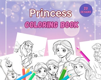 20 Princess Characters Coloring Book, for kids and adults - Instant Download - Printable PDF, Ariel, Frozen and more