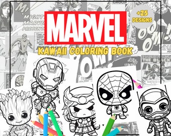 25+ Marvel Kawaii Characters Coloring Book for kids and adults - Printable Coloring Pages - Printable PDF, Iron Man, Hulk, Captain America