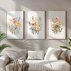 Set of 3 Neutral Watercolor Wildflower Prints, Minimalist Wall Decor, Botanical Wall Art, Digital Download Printable Floral Prints