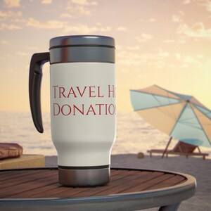 Travel Hockey Donation Cup. Stainless Steel Travel Mug with Handle, 14oz
