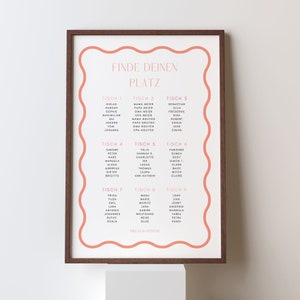 Puede incluir: Un plano de asientos enmarcado con un marco de madera marrón y un fondo blanco. El gráfico tiene un borde ondulado de color coral y enumera los nombres bajo el título "FINDE DEINEN PLATZ". Los nombres están organizados en nueve mesas.