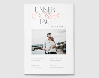 Hochzeitszeitung minimalistisch Vorlage | Template Canva | Hochzeitszeitung selbst gestalten | Hochzeitszeitung deutsch | Schwarz Weiß