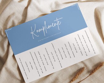 Compliments To Go Wedding | Compliments Wedding Template | Print template PDF | Compliment to take away and distribute | compliments blue