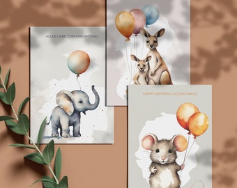 Geburtstagskarten Illustration Tiere | 3-Teiliges Set für Kindergeburtstag | Aquarell Geburtstagskarten | digitaler download