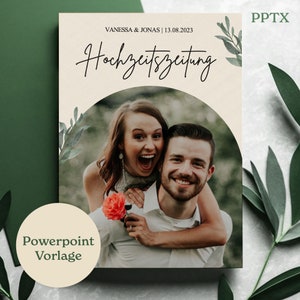 Könnte beinhalten: Eine Hochzeitsanzeigenvorlage mit einem Foto eines lächelnden Paares. Der Text "Hochzeitszeitung" ist in einer eleganten Schrift geschrieben. Das Design enthält die Namen "Vanessa & Jonas" und das Datum "13.08.2023". Die Worte "Powerpoint Vorlage" sind ebenfalls sichtbar.
