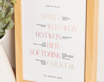 Drinks menu wedding | Drink menu template | Drinks Party | Drinks List Peach | Decoration wedding | individually customizable | digital