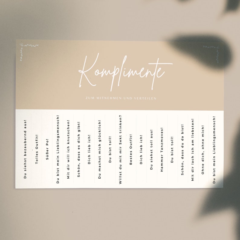 Komplimente To Go Hochzeit Komplimente Hochzeit Vorlage Druckvorlage PDF Kompliment zum Mitnehmen und verteilen Komplimente in beige zdjęcie 5