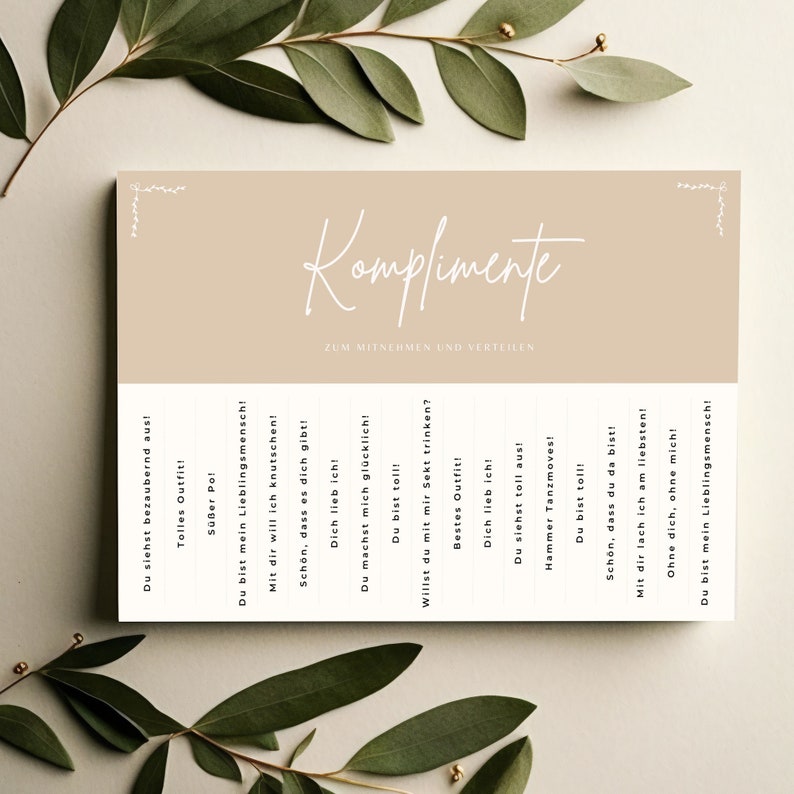 Komplimente To Go Hochzeit Komplimente Hochzeit Vorlage Druckvorlage PDF Kompliment zum Mitnehmen und verteilen Komplimente in beige zdjęcie 1