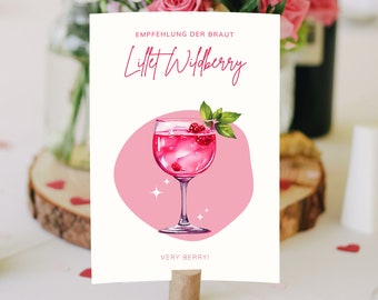 Drinks recommendation wedding Wildberry Lillet | Bride's recommendation | Lillet drinks sign | Text editable | Canva | A4