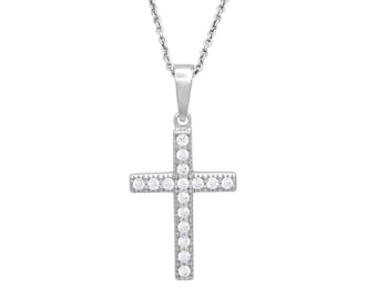 Collier Kreuz 925 Sterling Silber rhodiniert 16 Zirkonia 45cm lang Silberkette Ankerkette Halskette Kette Damen