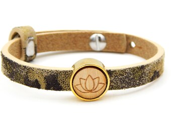 Damen Armband Leder Panther Look 8mm breit mit Holz Cabochon Lotus Länge variabel 16 - 20cm Lederarmband Gold nickelfrei