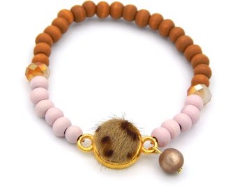 Damen Armband Perlenarmband Holzperlen Rosé Braun Facettperlen mit Kunstpelz Cabochon im Leoparden Design Länge variabel gold nickelfrei