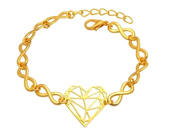 Damen Armband Infinity vergoldet mit geometrischem Herz 6mm breit Länge 20cm verstellbar Armkettchen Unendlich Gold nickelfrei