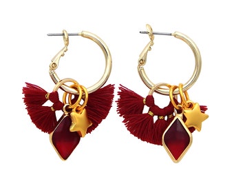 Damen Creolen vergoldet Quaste Rot mit Kristall Anhänger und Stern Ohrringe Quastenohrringe Gold nickelfrei