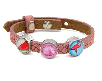 Damen Armband Leder Reptile Pink 8mm breit mit 3 Cabochons Tropical Länge variabel 16 - 20cm Lederarmband Silber nickelfrei