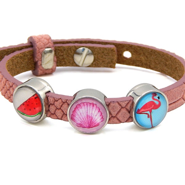 Damen Armband Leder Reptile Pink 8mm breit mit 3 Cabochons Tropical Länge variabel 16 - 20cm Lederarmband Silber nickelfrei