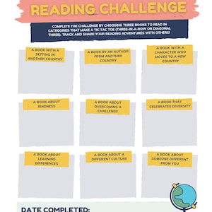 May include: A Multicultural Children's Book Reading Challenge printable sheet with a tic-tac-toe grid. The page features nine yellow boxes with reading prompts, a date completed line, and a graphic of a globe resting on a stack of three books.