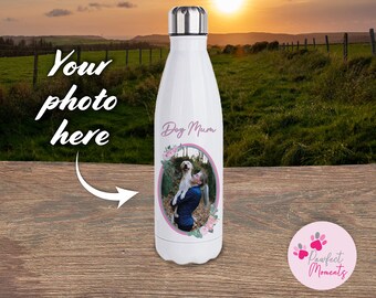 Dog Mum Custom Photo Portrait Water Bottle | Personalised Photograph Drink Bottle | Dog Mum Present | Birthday Gift For Her | Pink Flowers