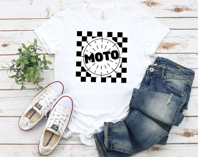 Moto Checkers Supercross Motocross Unisex Short Sleeve T-Shirt, Dirt Bike Racing Tee