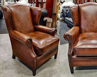 Chesterfield wing armchair antique tan (brown) leather, made in our English workshop