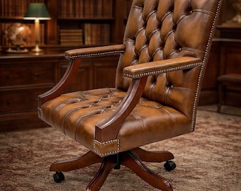 Silla de oficina Gainsborough de cuero marrón antiguo | Silla giratoria Chesterfield | Hecha a mano en Inglaterra | Silla de oficina de lujo