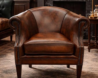Sillón Chesterfield de piel color canela, modelo Tifany con cojín