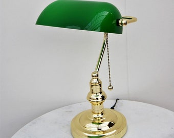 Bankers lamp brass green shade with drawstring