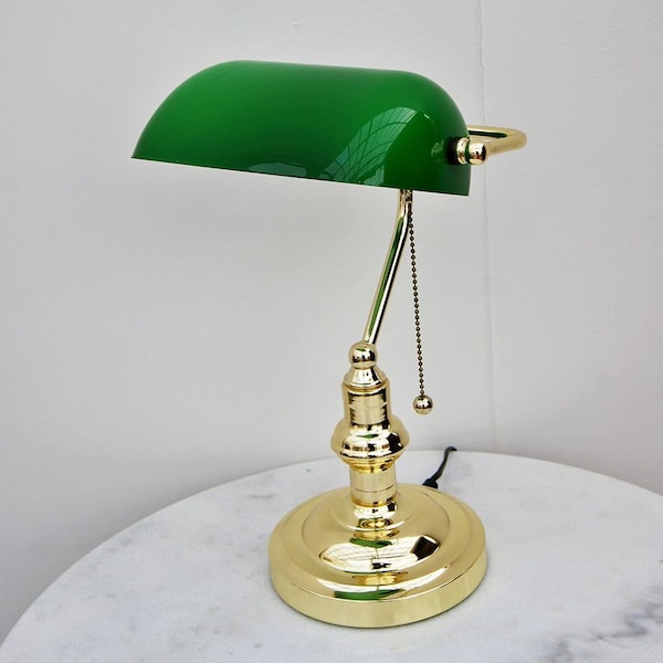 Lampe de banquier en laiton abat-jour vert avec cordon