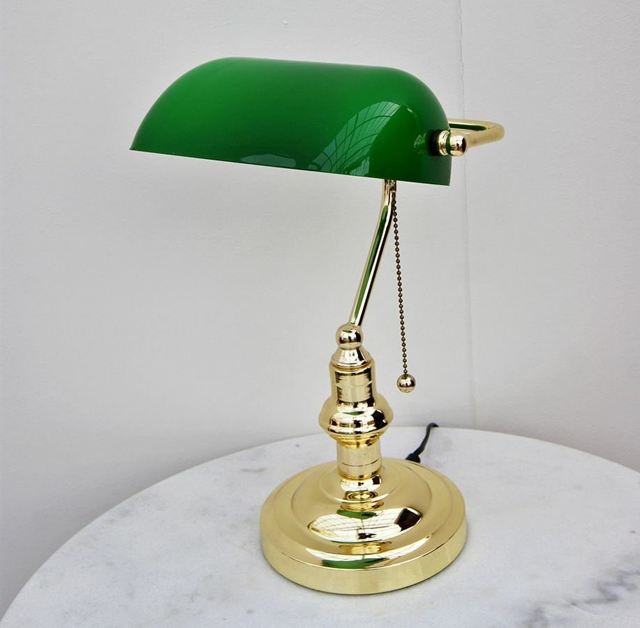 Bankers lamp brass green shade with drawstring