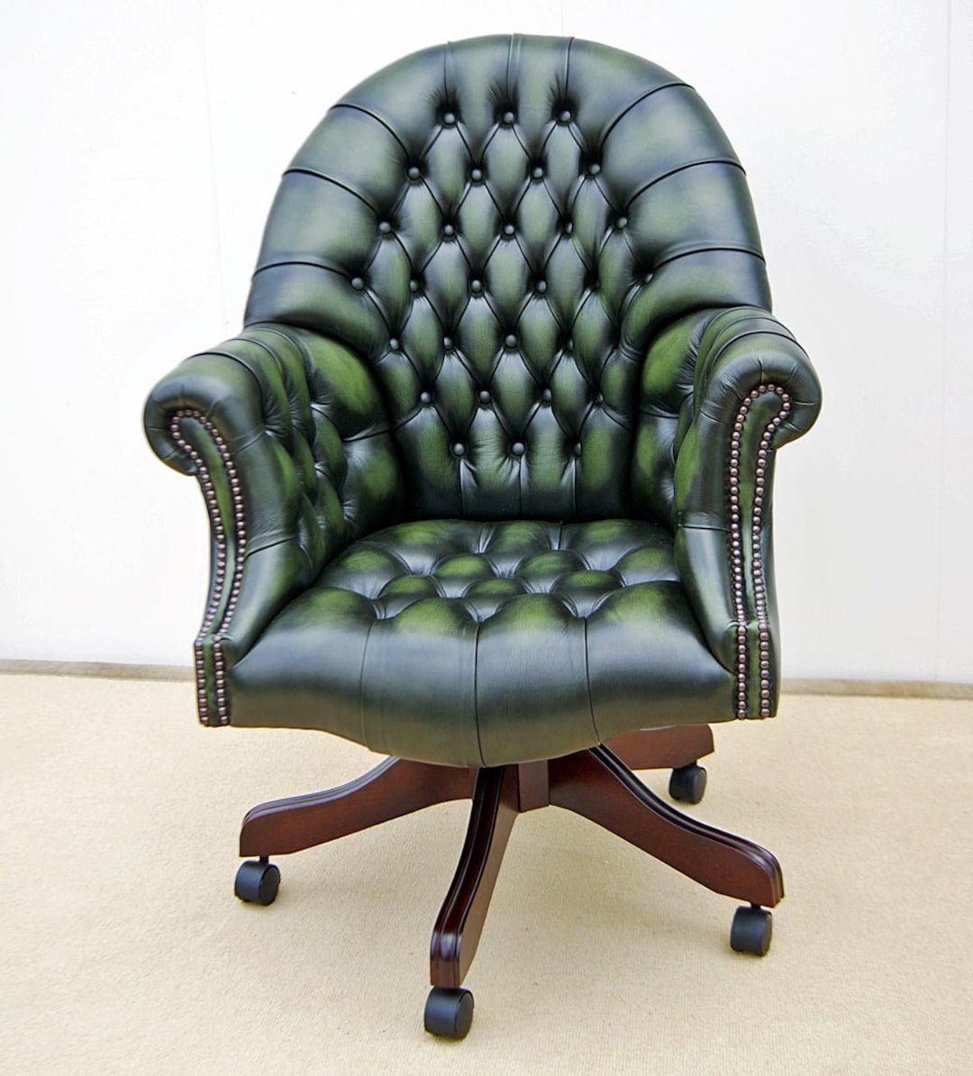 Antique Swivel Vintage Green Leather Office Chair DRUMOAK Large