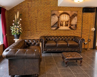 Whitehall Chesterfield Sofa Set in Vintage Brown Leather | 3 Seater + 2 Seater + Queen Anne Footstool | Handmade in England