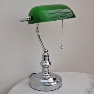 Chrome Bankers Lamp with green glass adjustable shade, in stock for quick delivery