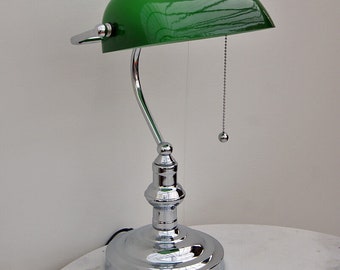 Chrome Bankers Lamp with green glass adjustable shade, in stock for quick delivery