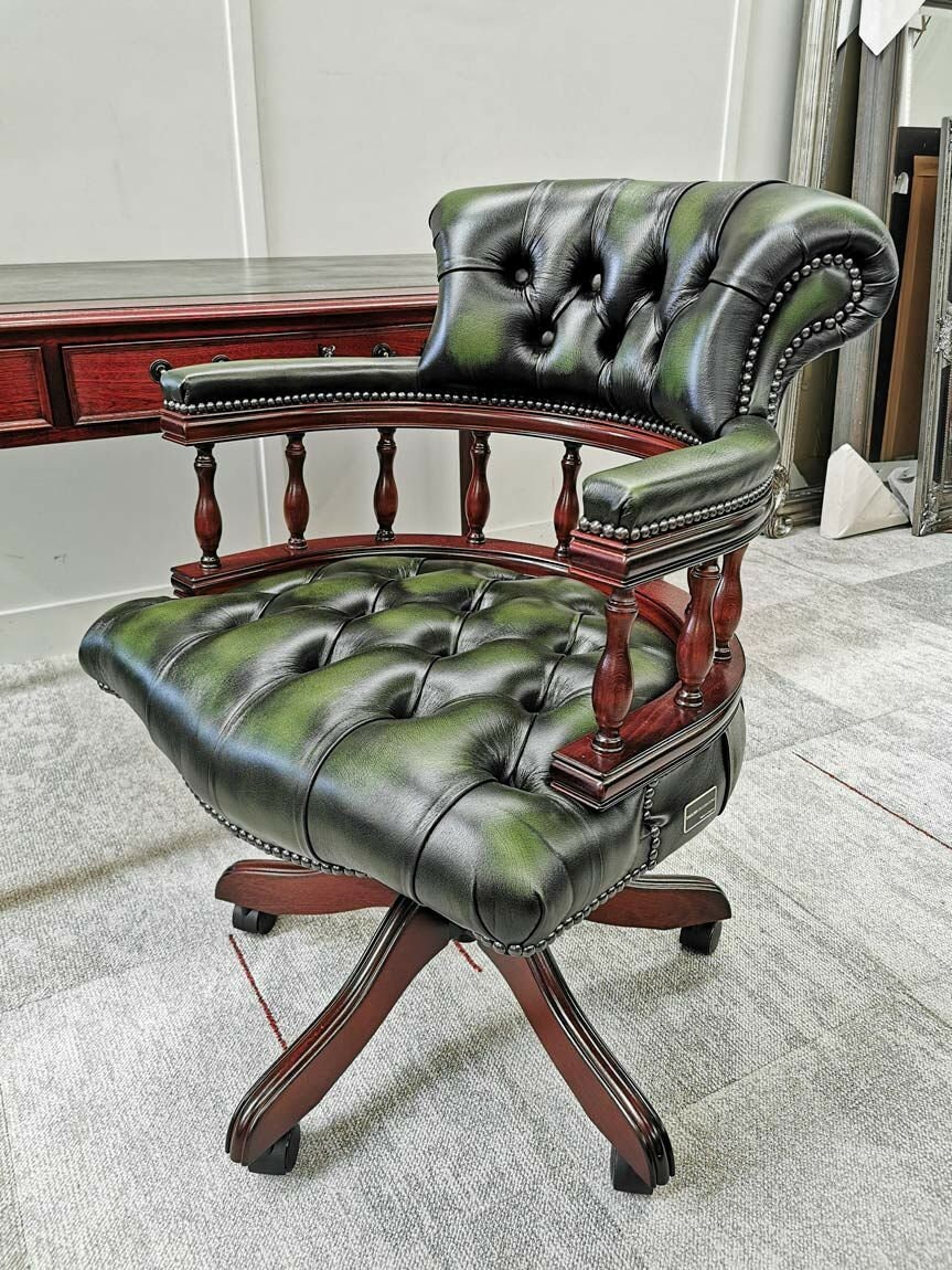 English Chesterfield Office Chair. Captains Swivel Chair Antique Green Etsy
