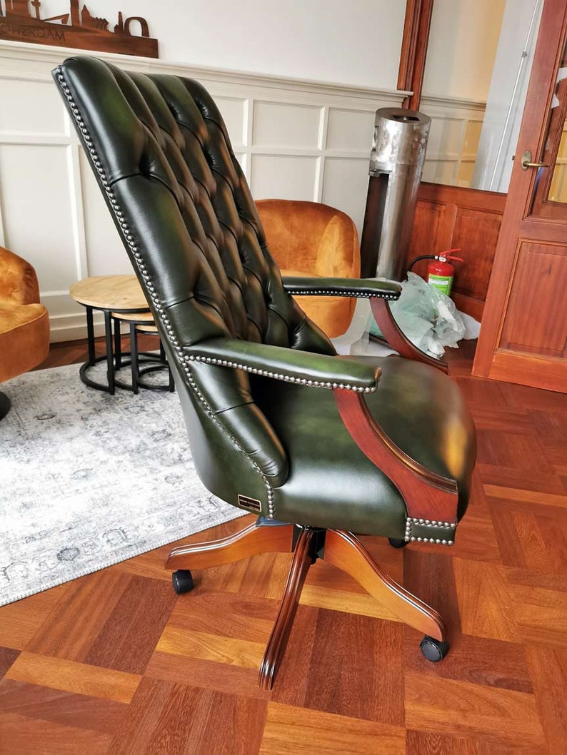 Library Swivel Chesterfield Office Chair, Mahogany With Antique Green