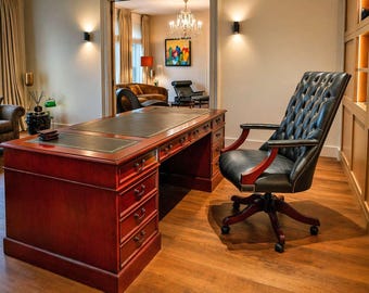 Escritorio ejecutivo hecho a mano | Escritorio a medida | Escritorio de madera de lujo con incrustaciones de cuero | Escritorio de roble y caoba | Muebles de oficina