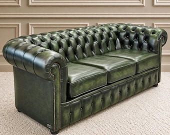 Sofá Buckingham Chesterfield de 3,5 lugares – Couro verde antigo – Sofá de couro inglês feito à mão