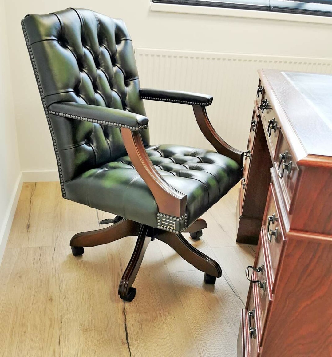 Antique Green English Leather Swivel Desk Chair