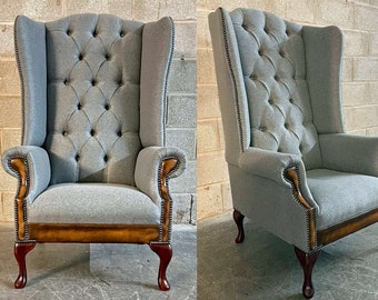 Colchester Chesterfield Wingback Chair, grey herringbone & antique tan leather