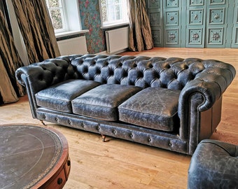 Canapé Chesterfield Whitehall en cuir noir vintage