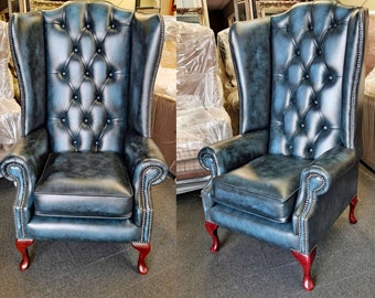 Colchester Chesterfield Wingback Chair, antiek blauw leather