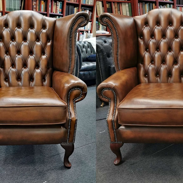 2 x fauteuils Chesterfield Scroll Wing en cuir beige antique
