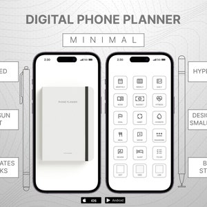 Op de afbeelding: Een mockup van een digitale telefoonplanner-app op het scherm van een smartphone. De app heeft een minimalistisch ontwerp met een witte achtergrond en zwarte pictogrammen. De app bevat een verscheidenheid aan sjablonen voor planning, waaronder maandelijks, wekelijks, dagelijks, boek, budget, fitness, doel, gewoonte, hydrateren, maaltijd, film, wachtwoord, beoordeling, slaap, te doen, punt, raster en lijn. De app is beschikbaar voor zowel iOS als Android.