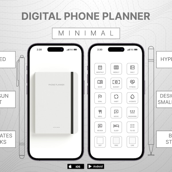 Planificador de teléfonos digitales, Planificador digital de iPhone, Planificador de teléfonos digitales Android, Planificador digital de teléfonos inteligentes, Planificador de bolsillo digital