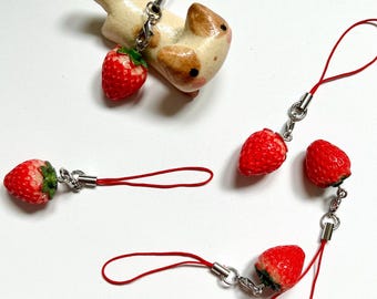 Strawberry aesthetic keyring | kawaii jelly phone charm trinket, cute gift fruit mascot keychain airpod strap harajuku lanyard